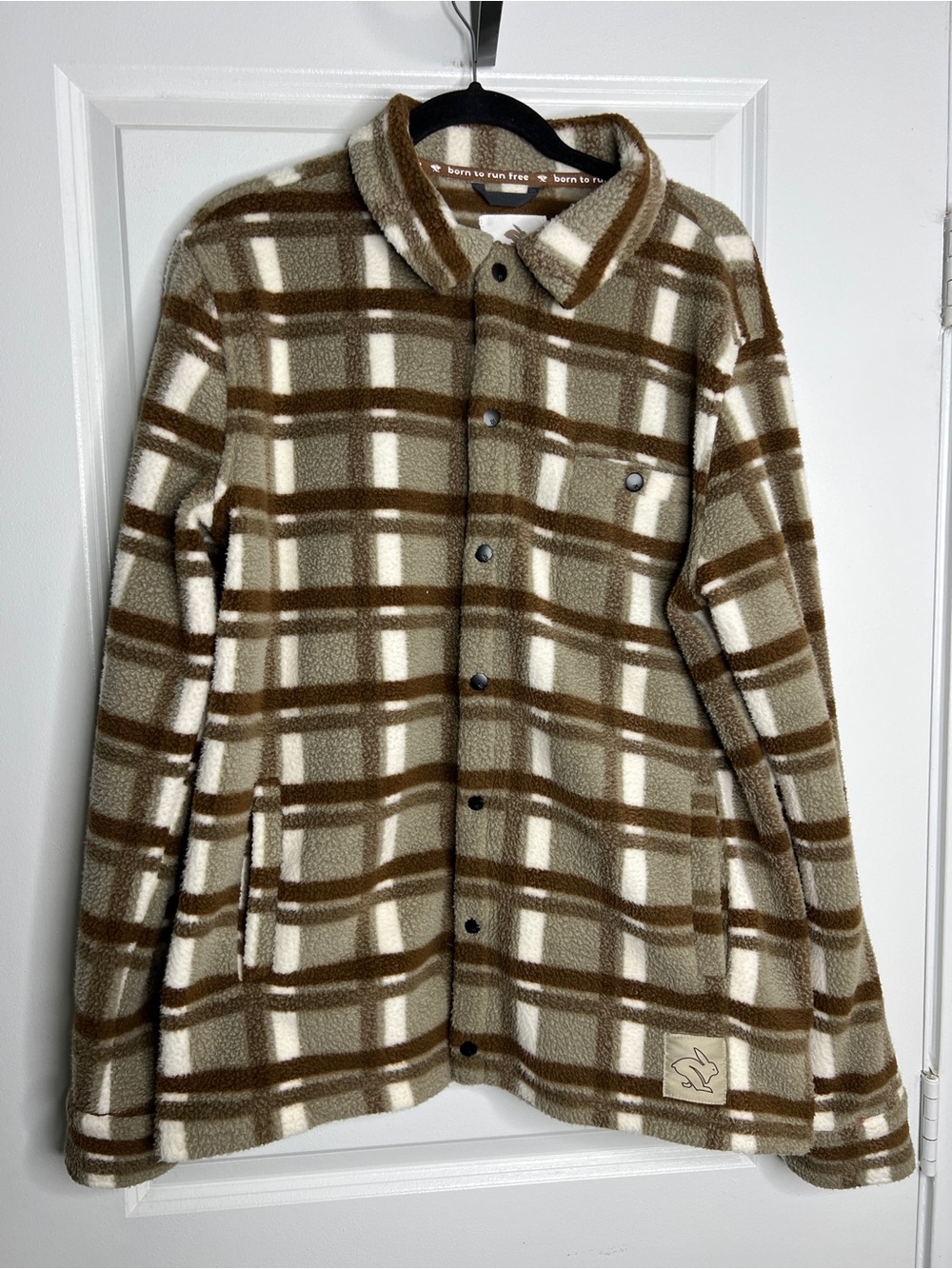 rabbit Plaid Fleece Shacket Brown White Snap Button Up Jacket Large